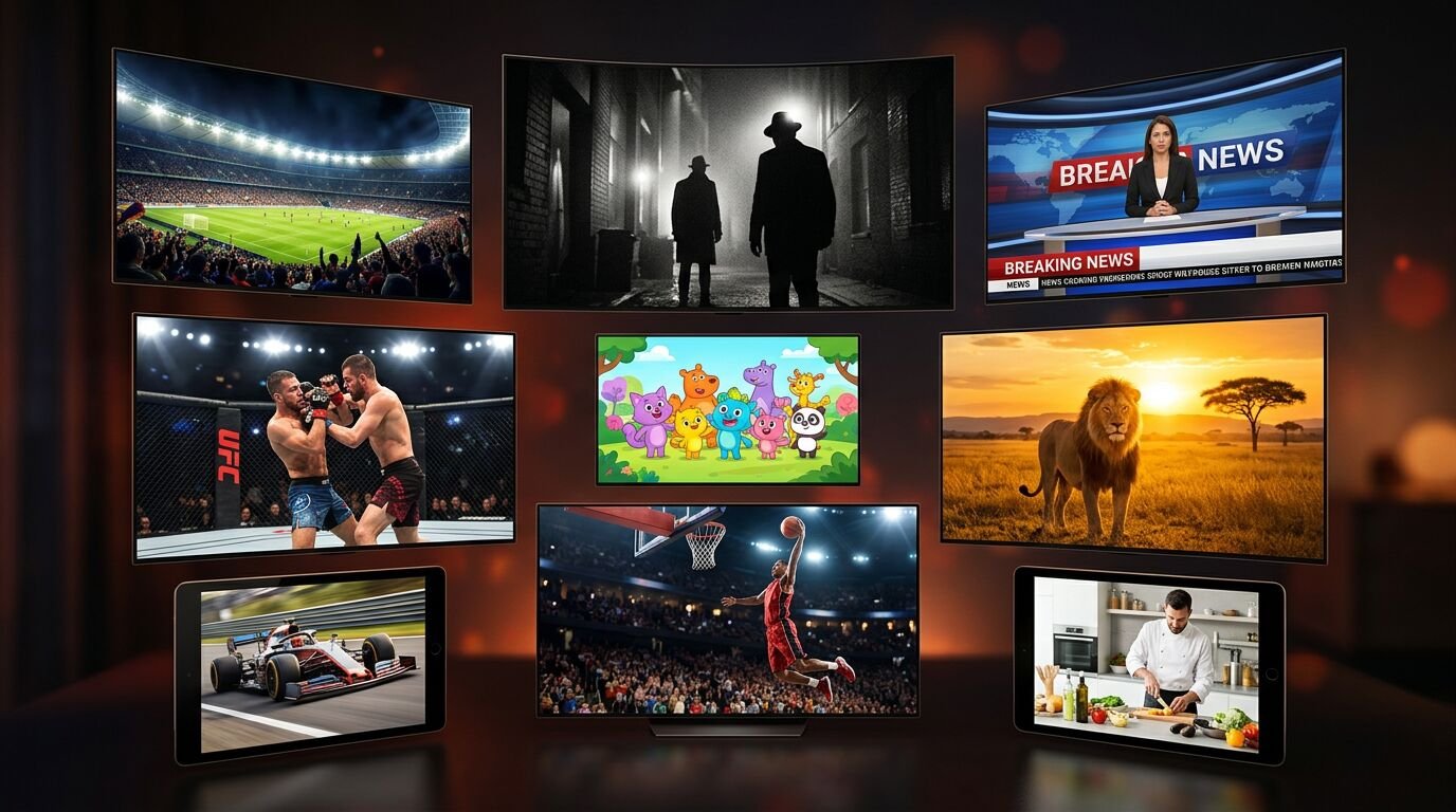 Wall of TVs streaming sports, movies, news, kids shows, documentaries and live events